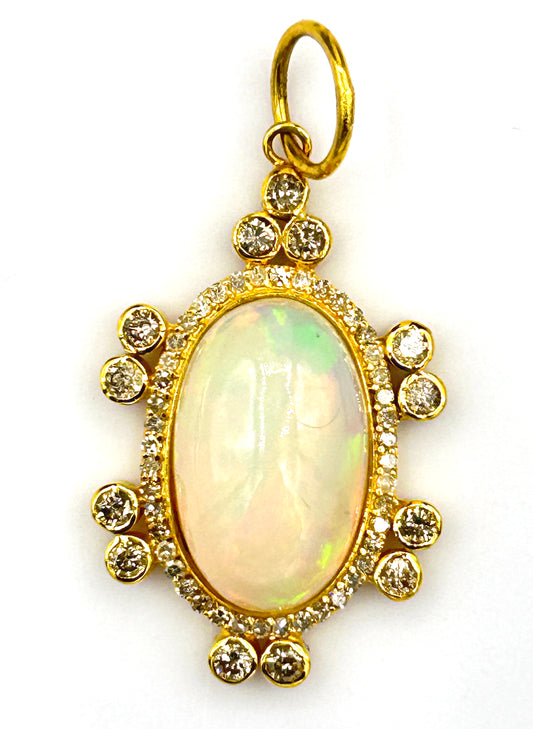 Oval 14k Solid Gold Diamond Pendants With Opal Stone