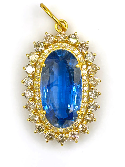 Oval 14k Solid Gold Diamond Pendants With Kyanite Stone