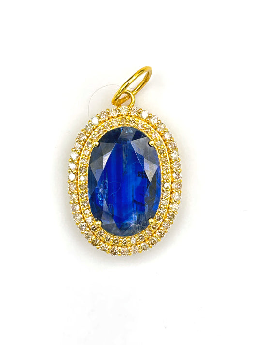 Oval 14k Solid Gold Diamond Pendants With Kyanite Stone