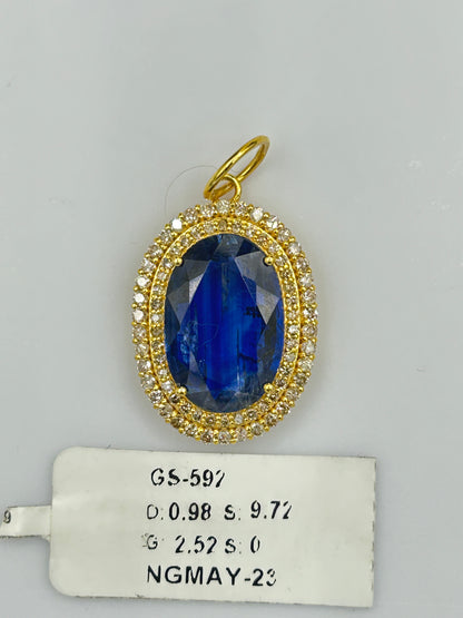 Oval 14k Solid Gold Diamond Pendants With Kyanite Stone