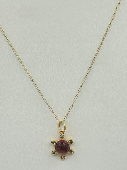Oval 14k Solid Gold Diamond Pendants With Pink Tourmaline Stone