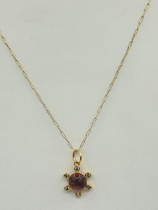 Oval 14k Solid Gold Diamond Pendants With Pink Tourmaline Stone