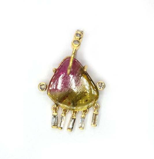 14k Solid Gold Diamond Pendants With Multi Tourmaline Stone