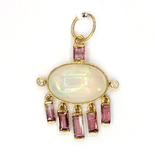 Oval 14k Solid Gold Diamond Pendants With Pink Tourmaline And Opal