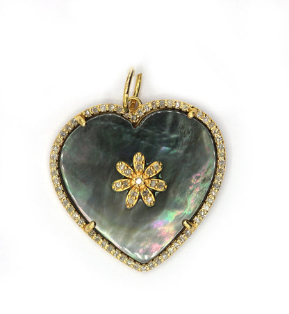 Heart 14k Solid Gold Diamond Pendants With Black Mother Of Pearl Stone
