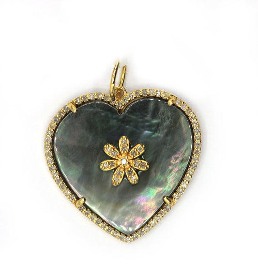 Heart 14k Solid Gold Diamond Pendants With Black Mother Of Pearl Stone
