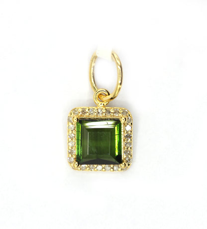 Rectangle 14k Solid Gold Diamond Pendants With Green Tourmaline