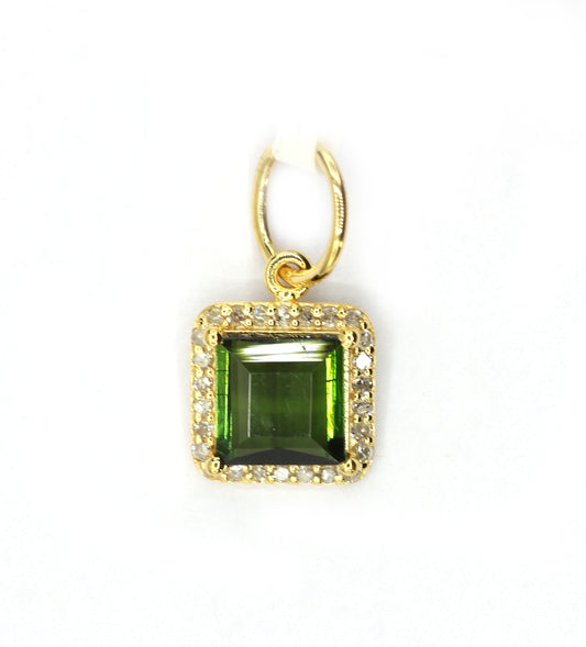 Rectangle 14k Solid Gold Diamond Pendants With Green Tourmaline