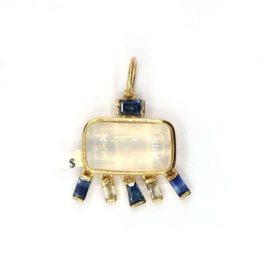 Rectangle 14k Solid Gold Diamond Pendants With Blue Sapphire