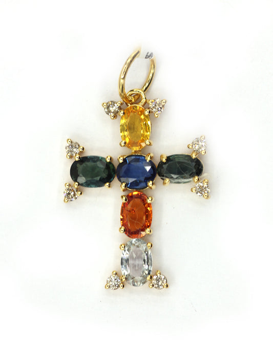 Cross 14k Solid Gold Diamond Pendants With Multi Stone