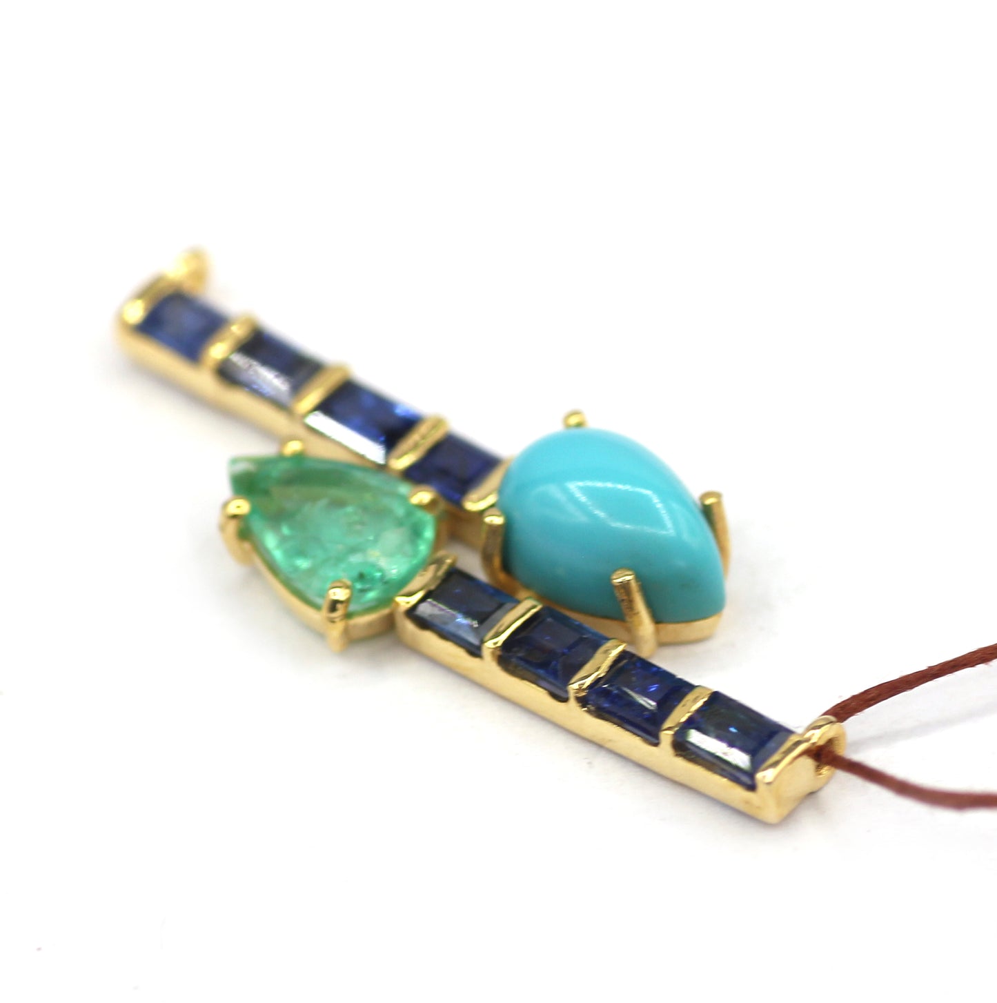 14k Solid Gold Emerald Pendant With Blue Sapphire & Turquoise Stone