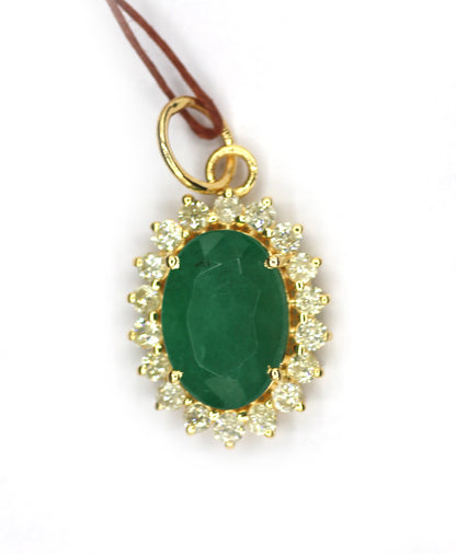Oval 14k Solid Gold Diamond Emerald Stone Pendant