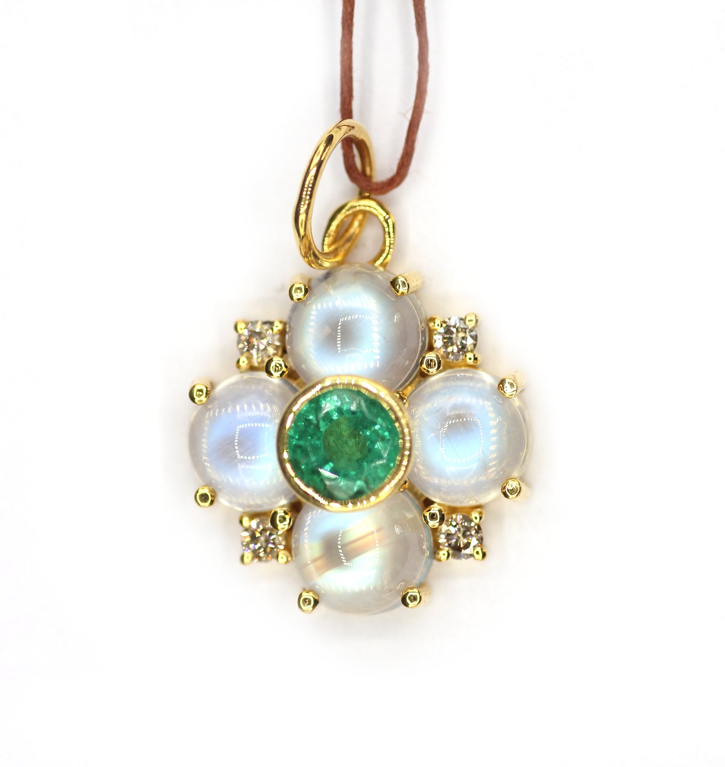 Rainbow Moonstone 14k Solid Gold Diamond Pendant With Emerald Stone