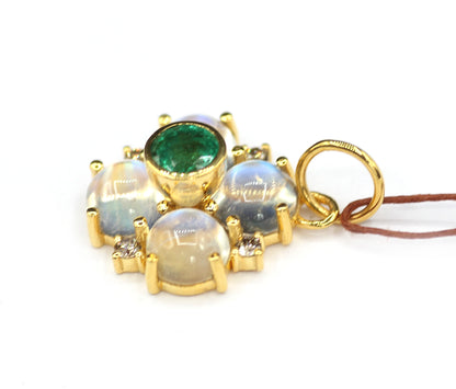 Rainbow Moonstone 14k Solid Gold Diamond Pendant With Emerald Stone