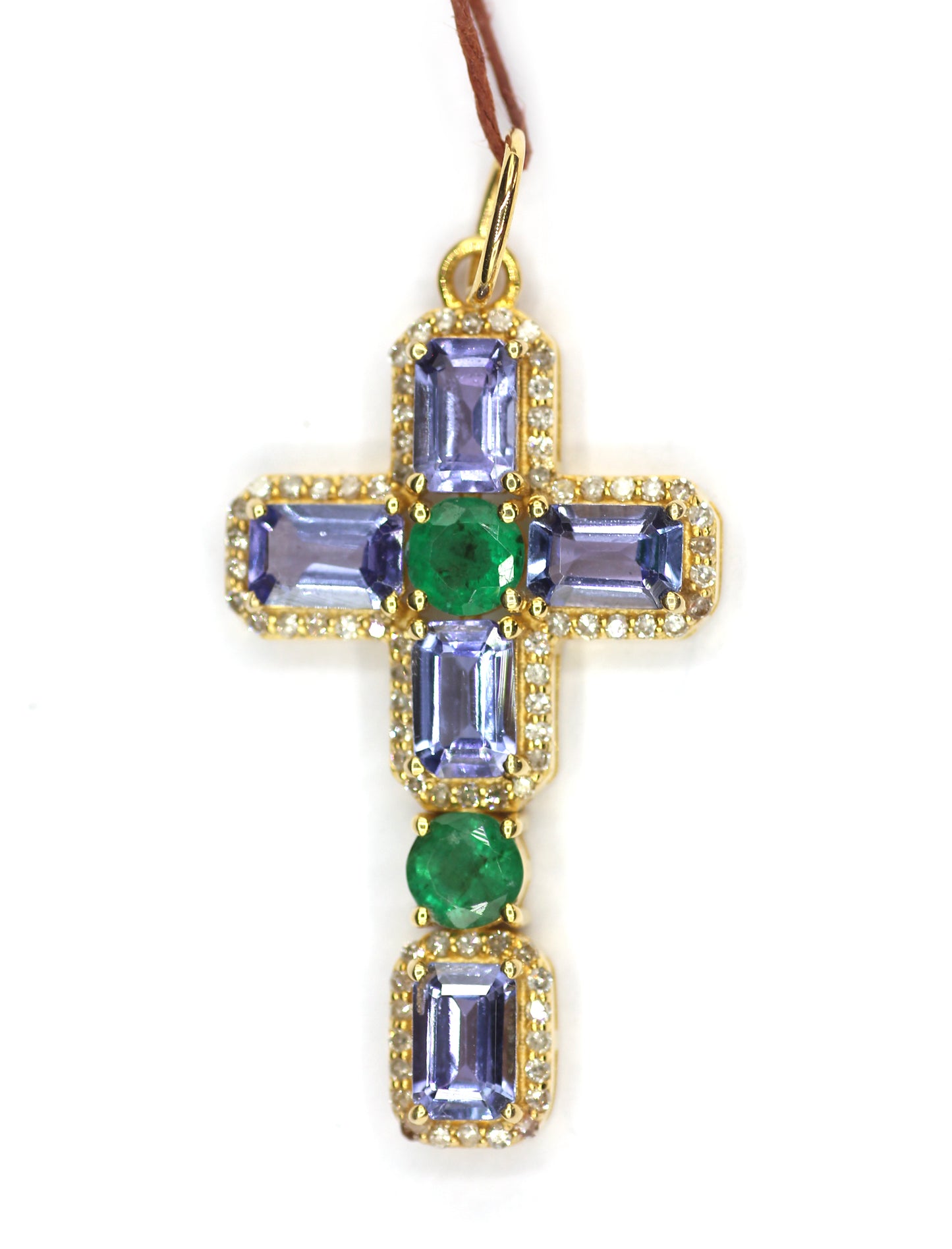 CROSS 14k Solid Gold Diamond Pendant With Tanzanite & Emerald Stone