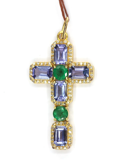 CROSS 14k Solid Gold Diamond Pendant With Tanzanite & Emerald Stone