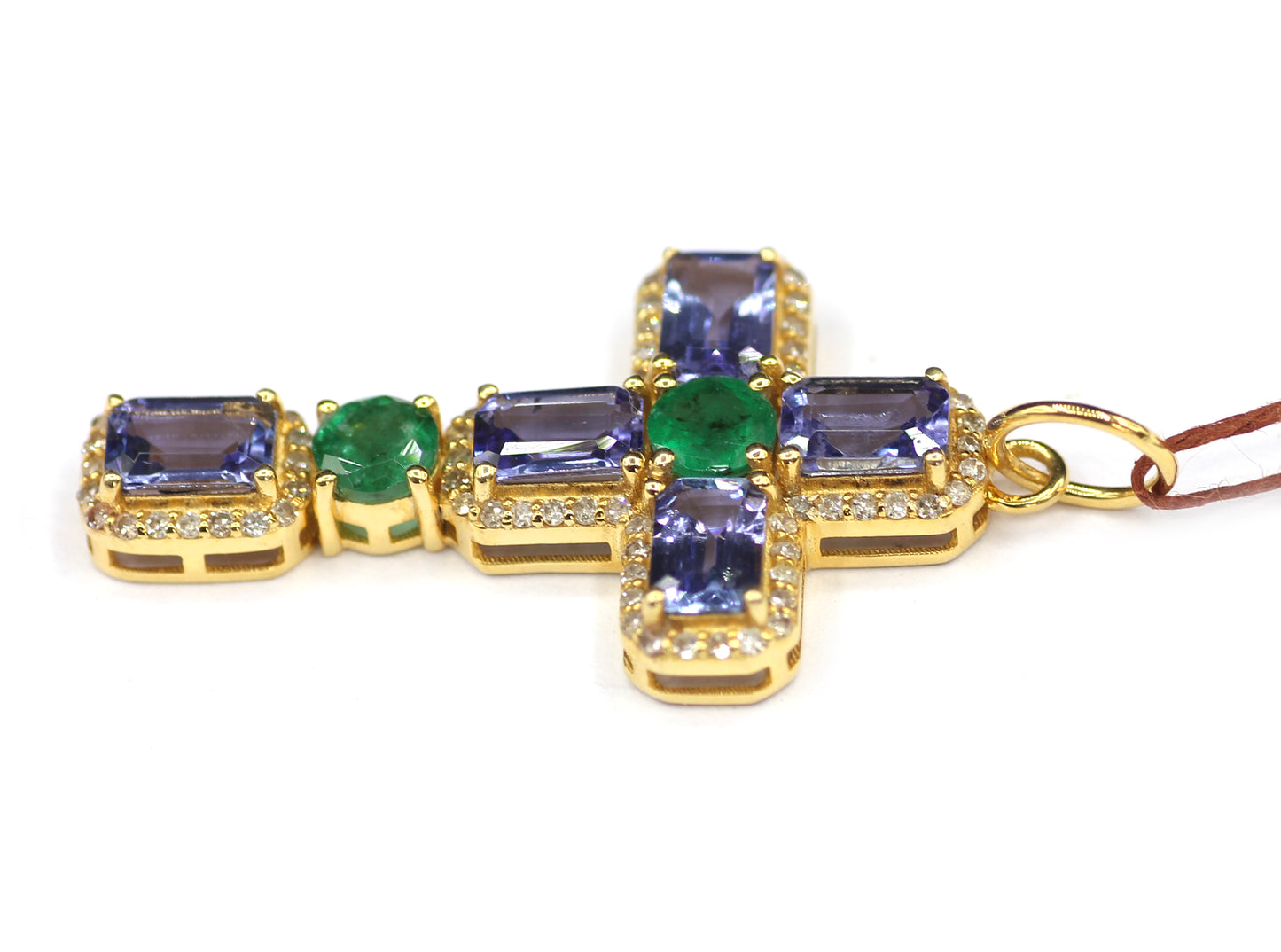 CROSS 14k Solid Gold Diamond Pendant With Tanzanite & Emerald Stone