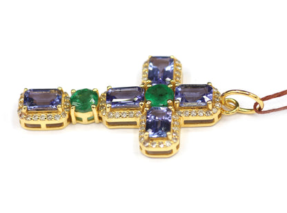 CROSS 14k Solid Gold Diamond Pendant With Tanzanite & Emerald Stone