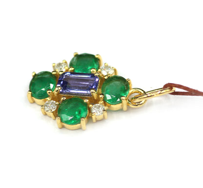 Emerald 14k Solid Gold Diamond Pendant With Tanzanite Stone