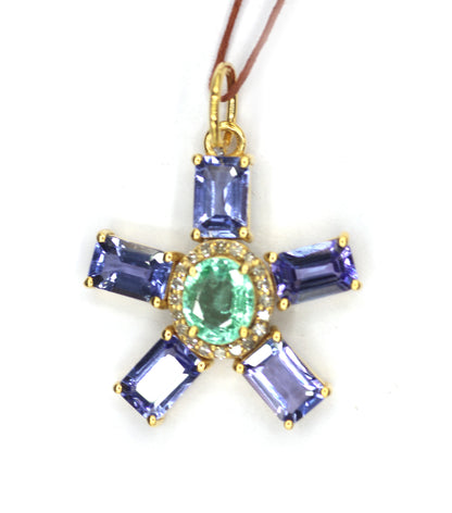 Tanzanite 14k Solid Gold Diamond Pendant With Emerald Stone