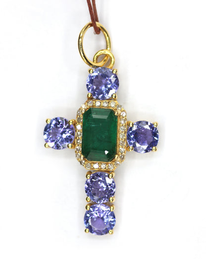 Tanzanite 14k Solid Gold Diamond Pendant With Emerald Stone