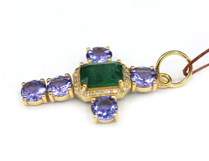 Tanzanite 14k Solid Gold Diamond Pendant With Emerald Stone