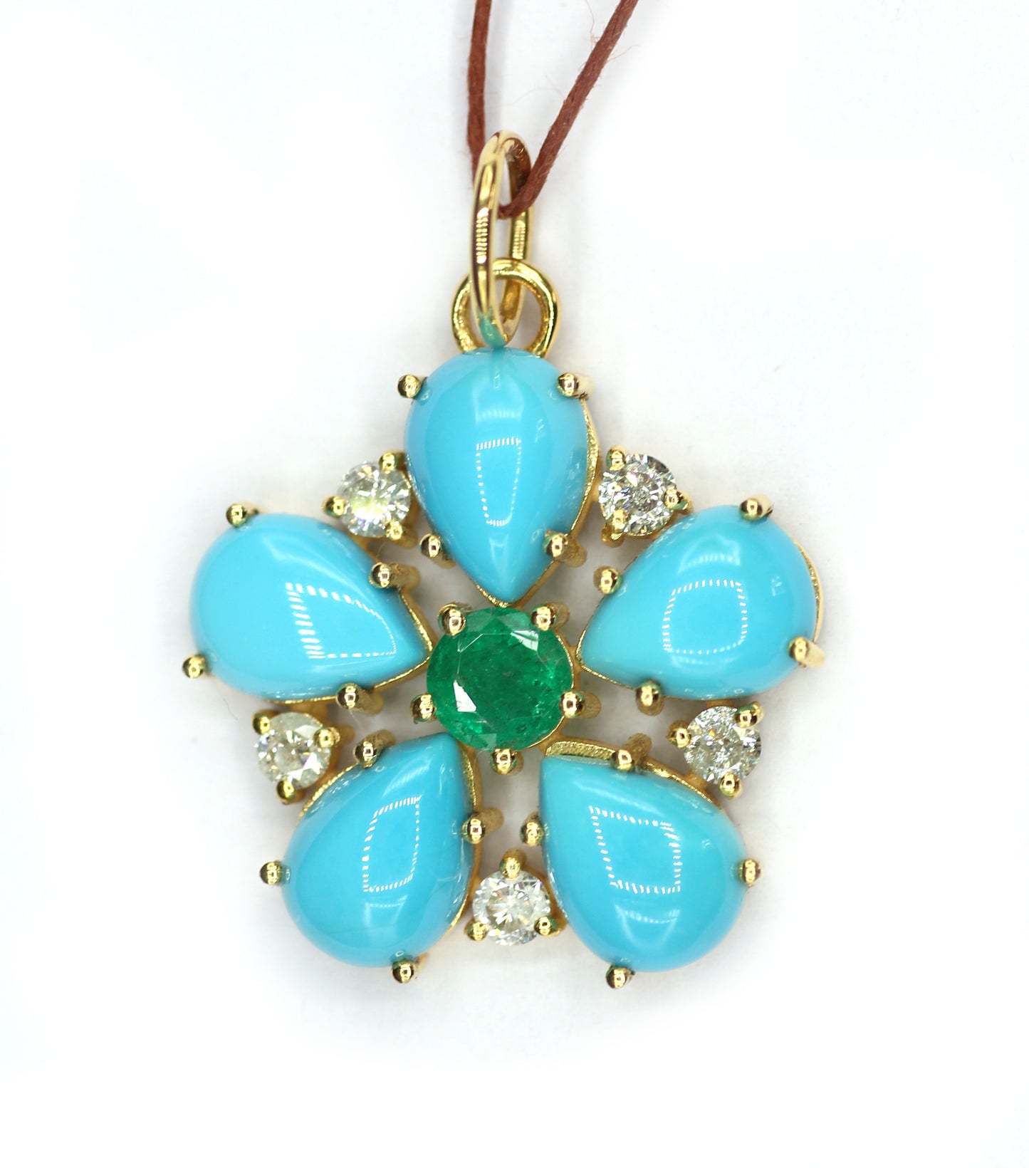Turquoise 14k Solid Gold Diamond Pendant With Emerald Stone