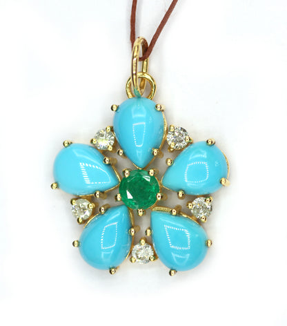 Turquoise 14k Solid Gold Diamond Pendant With Emerald Stone