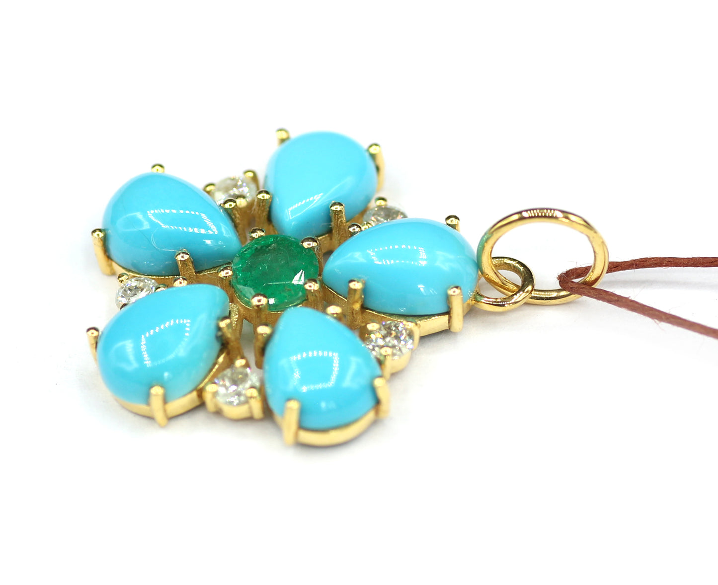 Turquoise 14k Solid Gold Diamond Pendant With Emerald Stone