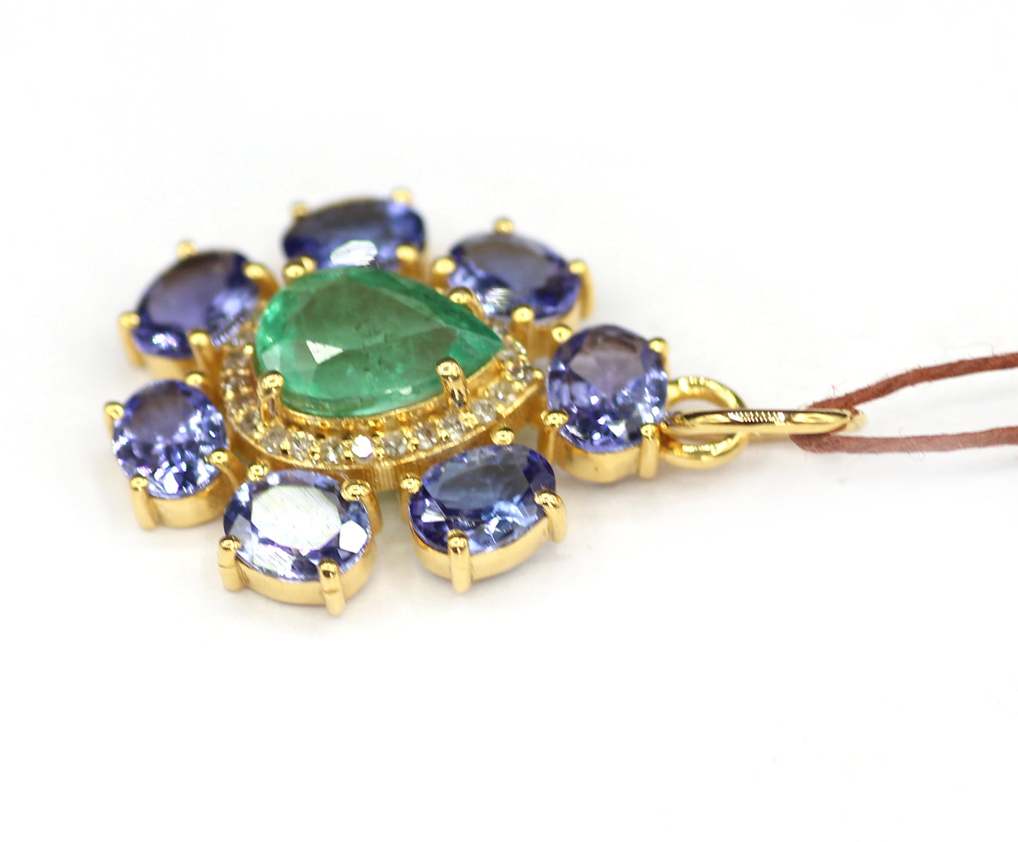 Tanzanite 14k Solid Gold Diamond Pendant With Emerald Stone