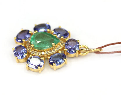 Tanzanite 14k Solid Gold Diamond Pendant With Emerald Stone