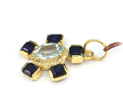 Aquamarine 14k Solid Gold Diamond Pendant