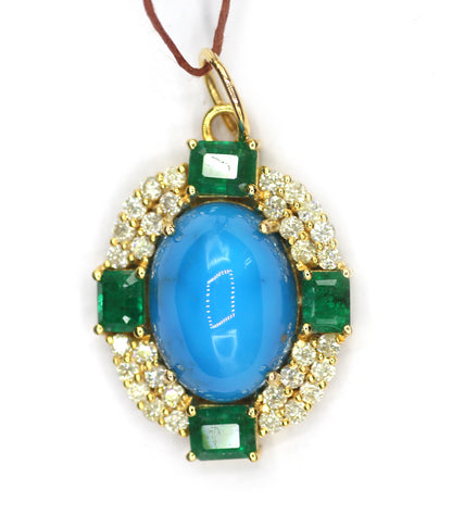 Turquoise 14k Solid Gold Diamond Pendant With Emerald Stone