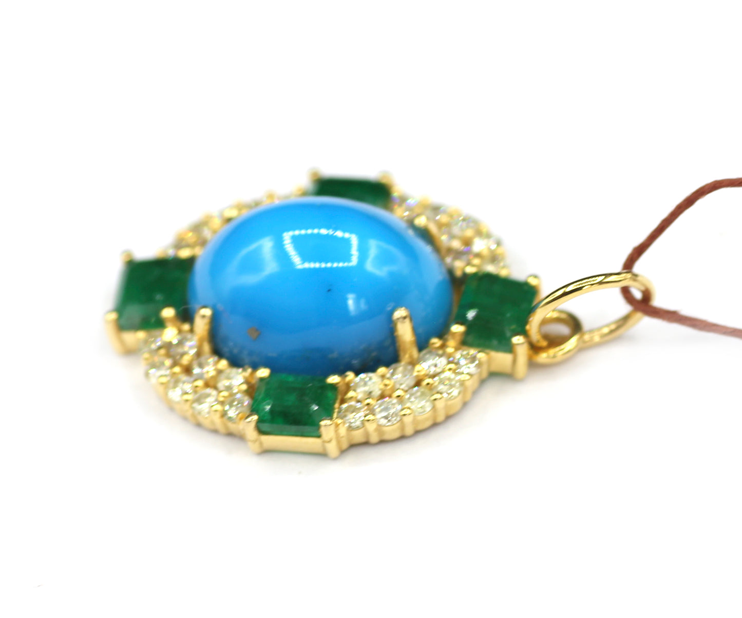 Turquoise 14k Solid Gold Diamond Pendant With Emerald Stone