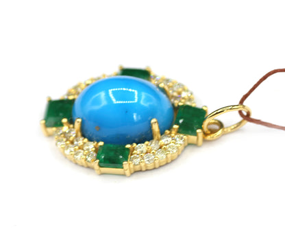Turquoise 14k Solid Gold Diamond Pendant With Emerald Stone