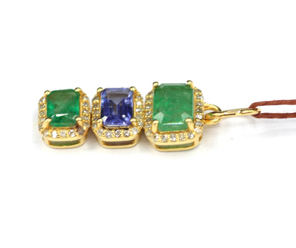 Tanzanite 14k Solid Gold Diamond Pendant With Emerald Stone