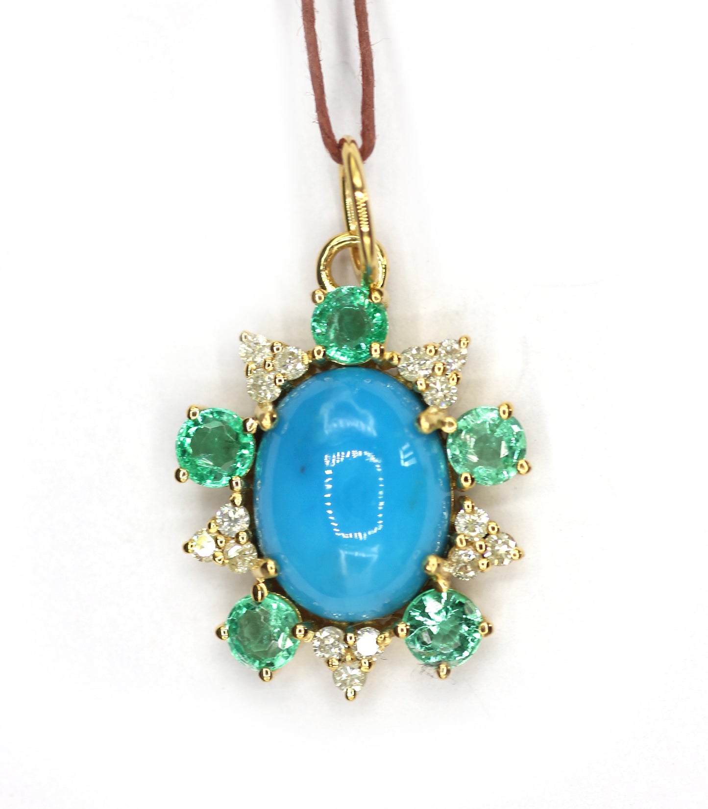 Turquoise 14k Solid Gold Diamond Pendant With Emerald Stone