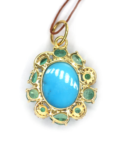 Turquoise 14k Solid Gold Diamond Pendant With Emerald Stone