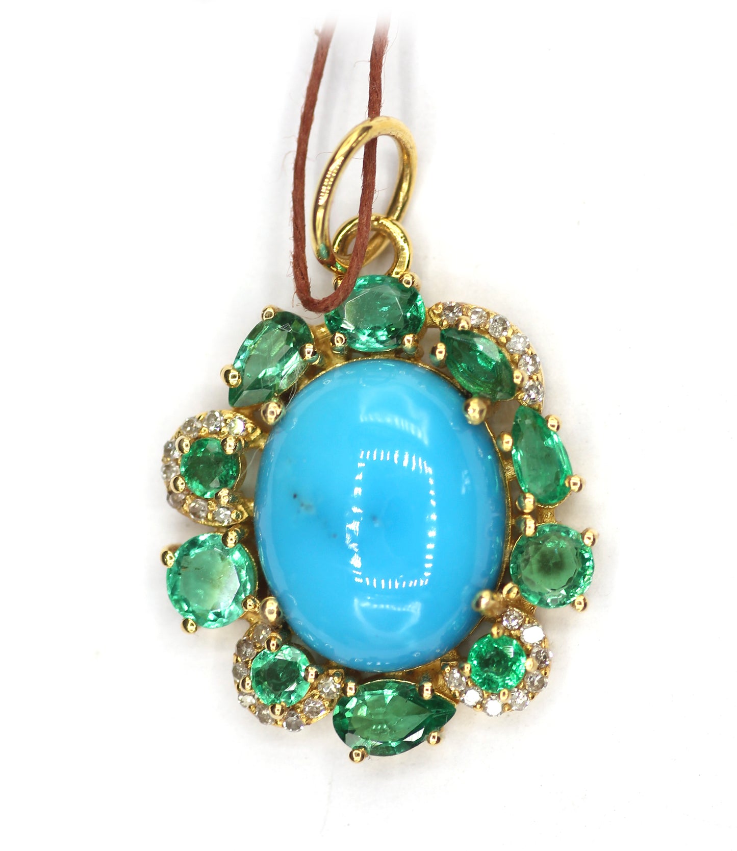 Turquoise 14k Solid Gold Diamond Pendant With Emerald Stone