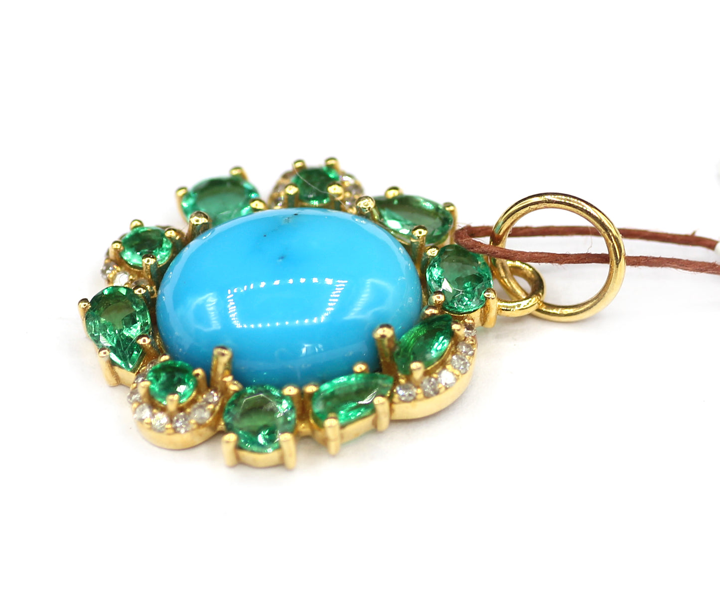 Turquoise 14k Solid Gold Diamond Pendant With Emerald Stone