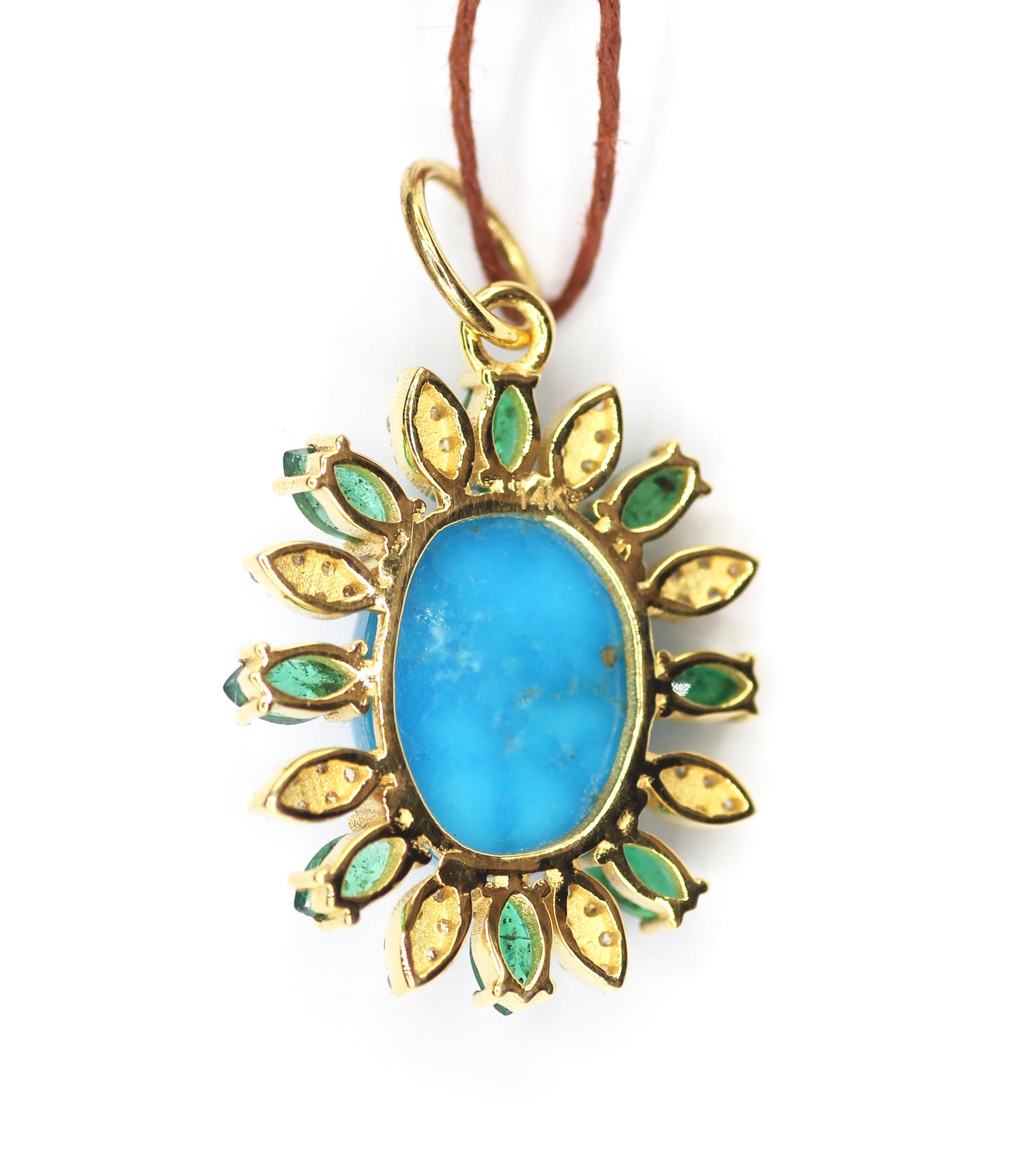 Turquoise 14k Solid Gold Diamond Pendant With Emerald Stone