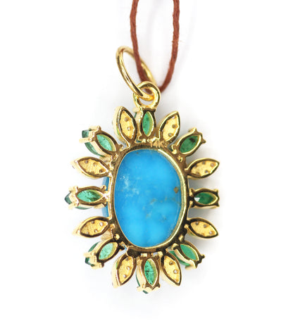 Turquoise 14k Solid Gold Diamond Pendant With Emerald Stone