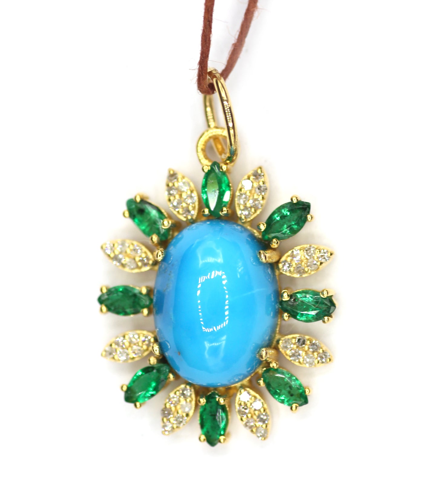 Turquoise 14k Solid Gold Diamond Pendant With Emerald Stone