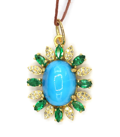 Turquoise 14k Solid Gold Diamond Pendant With Emerald Stone