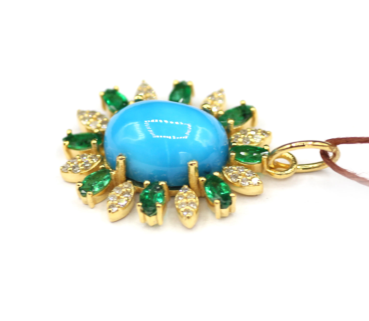 Turquoise 14k Solid Gold Diamond Pendant With Emerald Stone