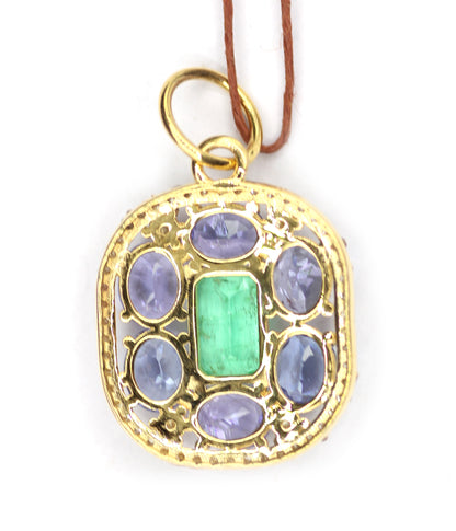 Tanzanite 14k Solid Gold Diamond Pendant With Emerald Stone