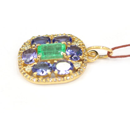 Tanzanite 14k Solid Gold Diamond Pendant With Emerald Stone