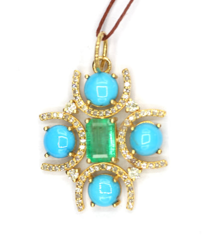 Emerald 14k Solid Gold Diamond Pendant With Turquoise Stone