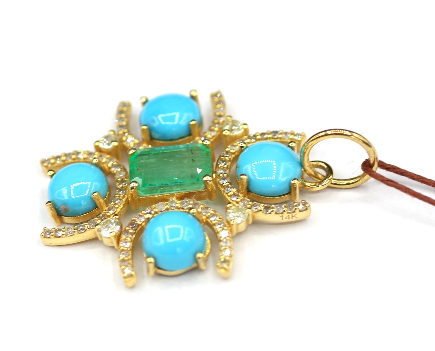 Emerald 14k Solid Gold Diamond Pendant With Turquoise Stone