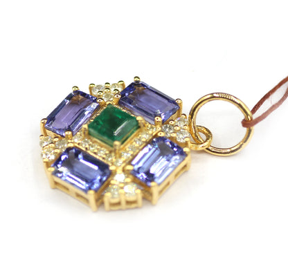 Tanzanite 14k Solid Gold Diamond Pendant With Emerald Stone
